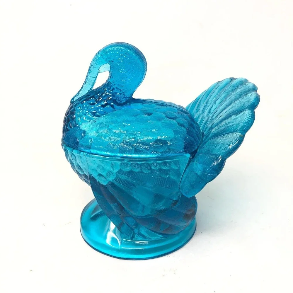 Vintage LE Smith Glass Turkey Covered Candy Dish‎ Blue Thanksgiving Decor